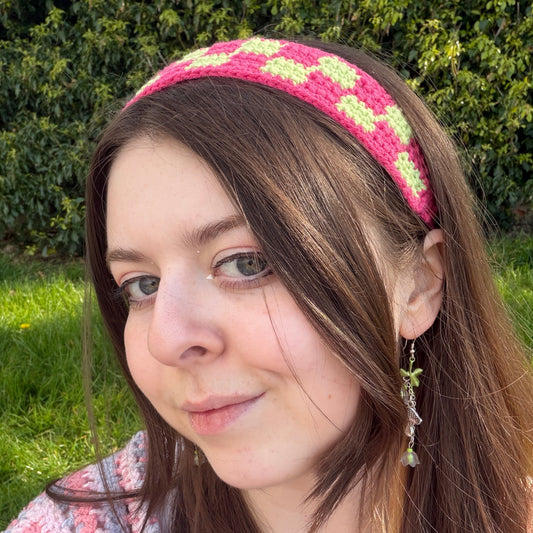 Green and pink checkered headband